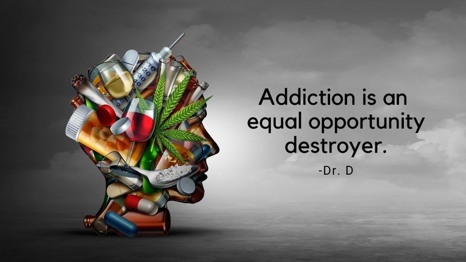 Addiction depicted by a human head filled with pictures of addictive substances