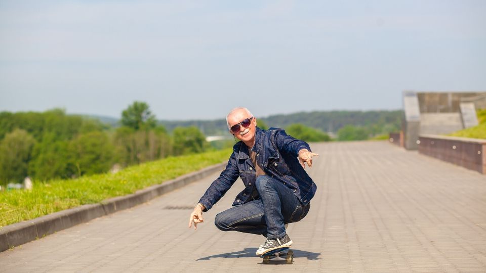 Movement is unique to each person. This photo depicts an elderly man skateboarding, which also demonstrates age doesn't have to come with restriction in movement!